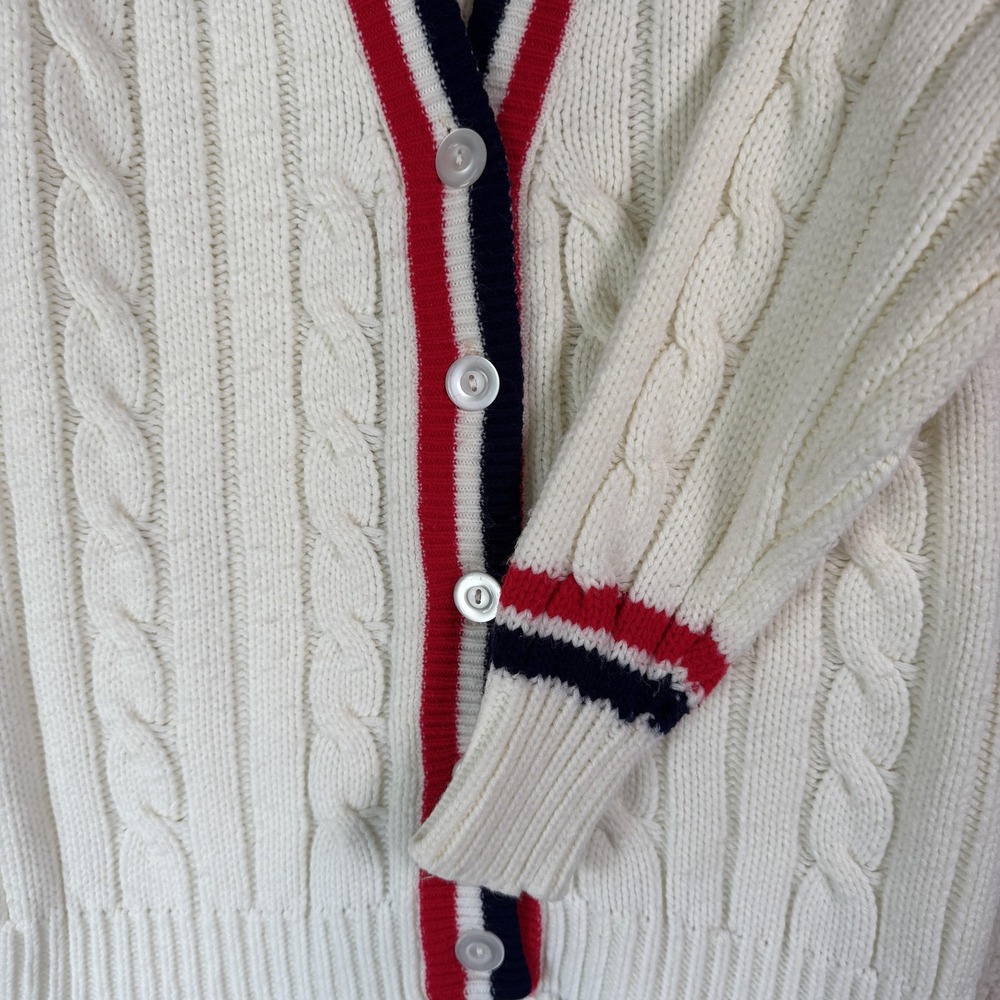 Vintage Full Fashioned Sweater Womens Medium Cable Knit Cardigan 80s Red Blue - Picture 2 of 8